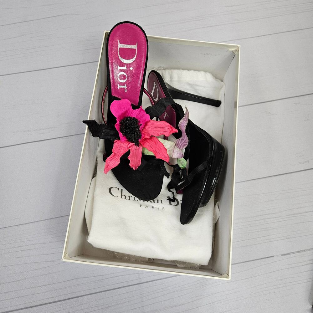Y2k Dior Heels Hawaii Glamour Mules Black Satin Flower Detail Rare - Size 37 EU - Picture 7 of 16
